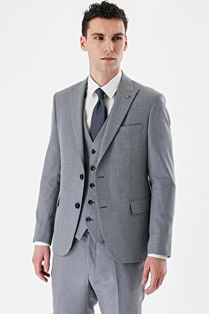 Gri Desenli Kırlangıç Yaka Yelekli 6 Drop Slim Fit Dar Kesim Klasik Takım Elbise 1001240157