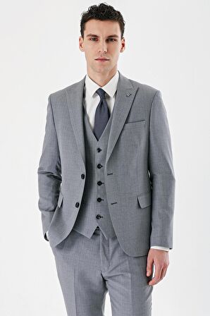 Gri Desenli Kırlangıç Yaka Yelekli 6 Drop Slim Fit Dar Kesim Klasik Takım Elbise 1001240157