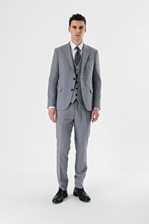 Gri Desenli Kırlangıç Yaka Yelekli 6 Drop Slim Fit Dar Kesim Klasik Takım Elbise 1001240157