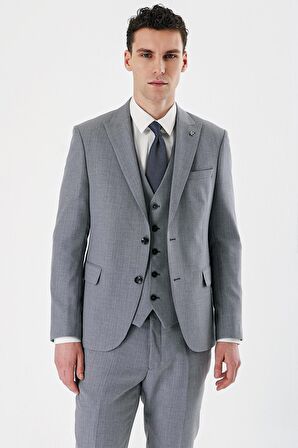 Gri Desenli Kırlangıç Yaka Yelekli 6 Drop Slim Fit Dar Kesim Klasik Takım Elbise 1001240157