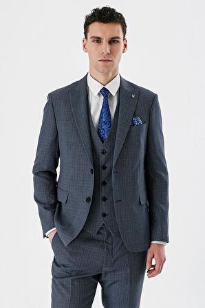 Koyu Lacivert Desenli Kırlangıç Yaka Yelekli 6 Drop Slim Fit Dar Kesim Klasik Takım Elbise 1001240157