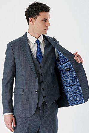 Koyu Lacivert Desenli Kırlangıç Yaka Yelekli 6 Drop Slim Fit Dar Kesim Klasik Takım Elbise 1001240157