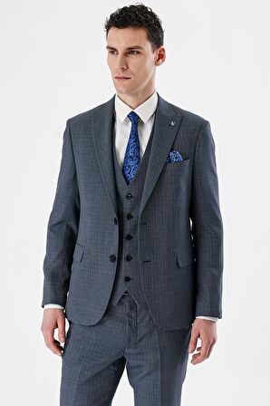 Koyu Lacivert Desenli Kırlangıç Yaka Yelekli 6 Drop Slim Fit Dar Kesim Klasik Takım Elbise 1001240157