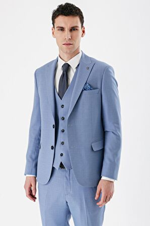Mavi Desenli Kırlangıç Yaka Yelekli 6 Drop Slim Fit Dar Kesim Klasik Takım Elbise 1001240157