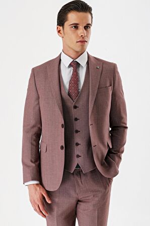 Koyu Vizon Desenli Kırlangıç Yaka Yelekli 6 Drop Slim Fit Dar Kesim Klasik Takım Elbise 1001240157