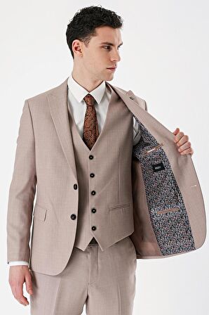 Bej Desenli Kırlangıç Yaka Yelekli 6 Drop Slim Fit Dar Kesim Klasik Takım Elbise 1001240157