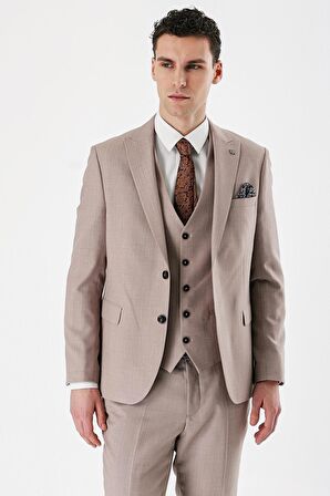 Bej Desenli Kırlangıç Yaka Yelekli 6 Drop Slim Fit Dar Kesim Klasik Takım Elbise 1001240157