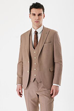 Camel Desenli Kırlangıç Yaka Yelekli 6 Drop Slim Fit Dar Kesim Klasik Takım Elbise 1001240157