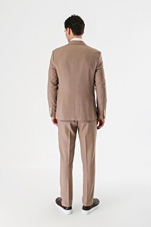 Camel Desenli Kırlangıç Yaka Yelekli 6 Drop Slim Fit Dar Kesim Klasik Takım Elbise 1001240157