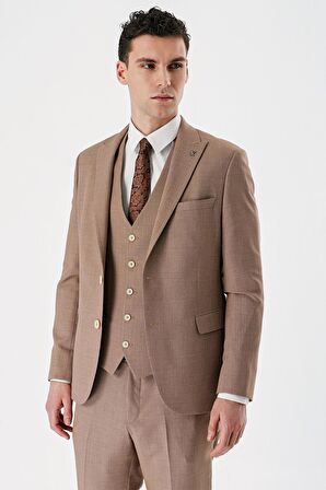 Camel Desenli Kırlangıç Yaka Yelekli 6 Drop Slim Fit Dar Kesim Klasik Takım Elbise 1001240157