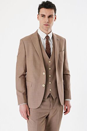 Camel Desenli Kırlangıç Yaka Yelekli 6 Drop Slim Fit Dar Kesim Klasik Takım Elbise 1001240157
