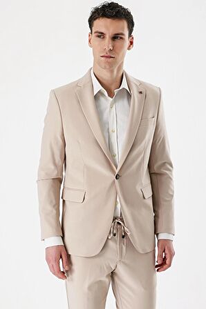 Açık Bej Mono Yaka Çift Yırtmaç Likralı 6 Drop Slim Fit Dar Kesim Klasik Takım Elbise 1001240164