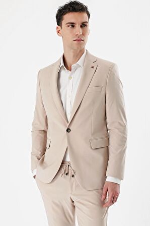 Açık Bej Mono Yaka Çift Yırtmaç Likralı 6 Drop Slim Fit Dar Kesim Klasik Takım Elbise 1001240164