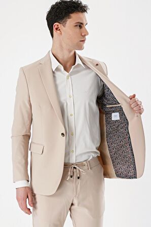 Açık Bej Mono Yaka Çift Yırtmaç Likralı 6 Drop Slim Fit Dar Kesim Klasik Takım Elbise 1001240164
