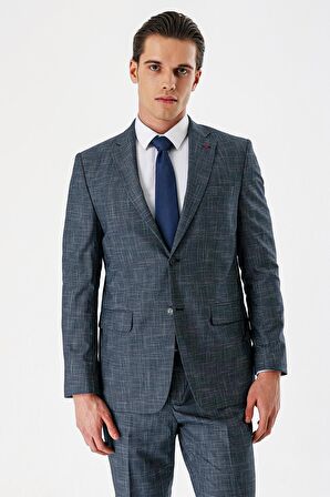 Koyu Lacivert Ekoseli Mono Yaka Likralı 6 Drop Comfort Fit Rahat Kesim Klasik Takım Elbise 1001240165