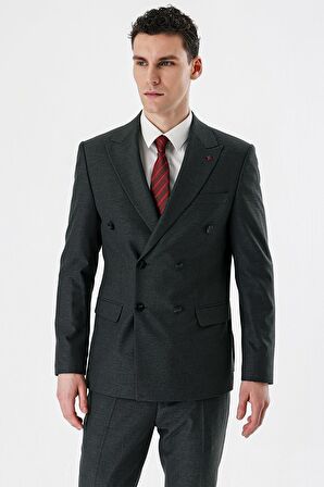 Koyu Antrasit Kırlangıç Yaka Kruvaze Likralı 6 Drop Slim Fit Dar Kesim Klasik Takım Elbise 1001240166