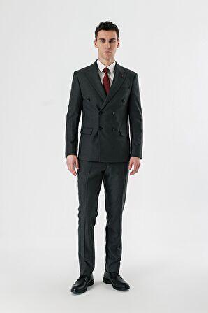 Koyu Antrasit Kırlangıç Yaka Kruvaze Likralı 6 Drop Slim Fit Dar Kesim Klasik Takım Elbise 1001240166