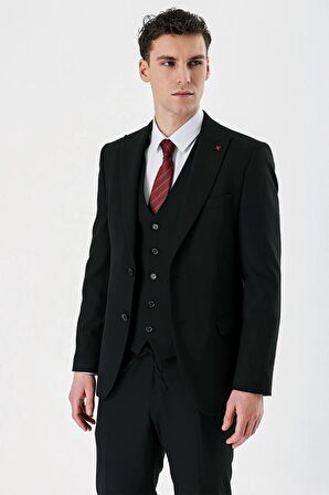 Siyah Kırlangıç Yaka Yelekli Likralı 6 Drop Slim Fit Dar Kesim Klasik Takım Elbise 1001240167