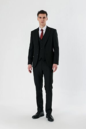 Siyah Kırlangıç Yaka Yelekli Likralı 6 Drop Slim Fit Dar Kesim Klasik Takım Elbise 1001240167