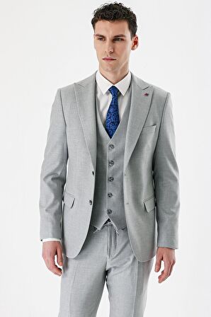 Gri Kırlangıç Yaka Yelekli Likralı 6 Drop Slim Fit Dar Kesim Klasik Takım Elbise 1001240167