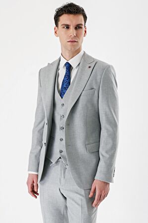 Gri Kırlangıç Yaka Yelekli Likralı 6 Drop Slim Fit Dar Kesim Klasik Takım Elbise 1001240167