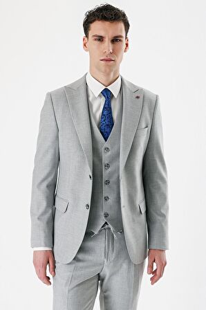 Gri Kırlangıç Yaka Yelekli Likralı 6 Drop Slim Fit Dar Kesim Klasik Takım Elbise 1001240167