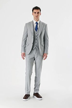 Gri Kırlangıç Yaka Yelekli Likralı 6 Drop Slim Fit Dar Kesim Klasik Takım Elbise 1001240167