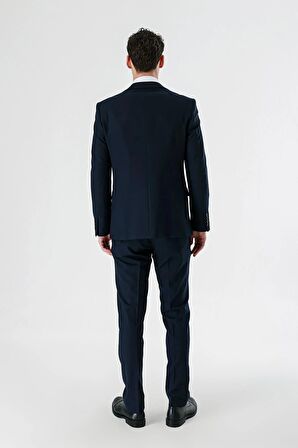 Koyu Lacivert Kırlangıç Yaka Yelekli Likralı 6 Drop Slim Fit Dar Kesim Klasik Takım Elbise 1001240167