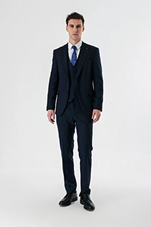 Koyu Lacivert Kırlangıç Yaka Yelekli Likralı 6 Drop Slim Fit Dar Kesim Klasik Takım Elbise 1001240167