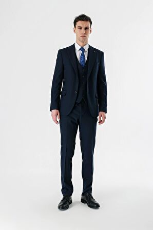 Koyu Lacivert Kırlangıç Yaka Yelekli Likralı 6 Drop Slim Fit Dar Kesim Klasik Takım Elbise 1001240167