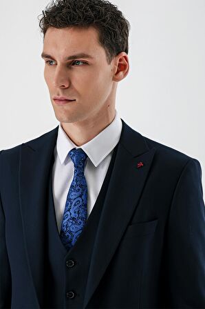 Koyu Lacivert Kırlangıç Yaka Yelekli Likralı 6 Drop Slim Fit Dar Kesim Klasik Takım Elbise 1001240167
