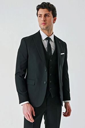 Siyah Kırlangıç Yaka Yelekli Likralı 6 Drop Slim Fit Klasik Takım Elbise 1001240168