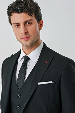 Siyah Kırlangıç Yaka Yelekli Likralı 6 Drop Slim Fit Klasik Takım Elbise 1001240168
