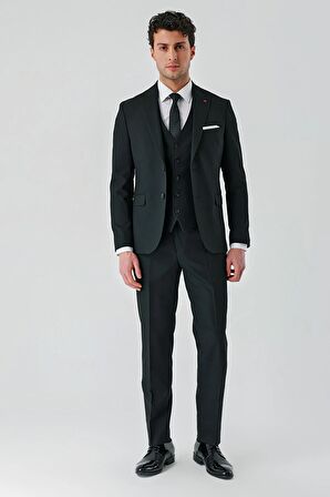 Siyah Kırlangıç Yaka Yelekli Likralı 6 Drop Slim Fit Klasik Takım Elbise 1001240168