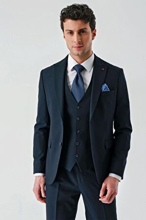 Koyu Lacivert Kırlangıç Yaka Yelekli Likralı 6 Drop Slim Fit Klasik Takım Elbise 1001240168
