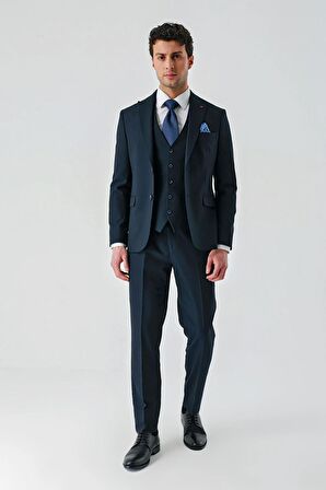 Koyu Lacivert Kırlangıç Yaka Yelekli Likralı 6 Drop Slim Fit Klasik Takım Elbise 1001240168