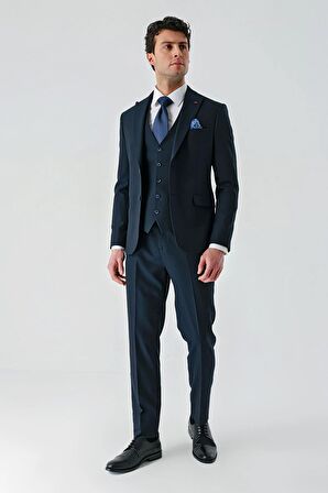 Koyu Lacivert Kırlangıç Yaka Yelekli Likralı 6 Drop Slim Fit Klasik Takım Elbise 1001240168