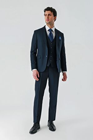 Koyu Lacivert Kırlangıç Yaka Yelekli Likralı 6 Drop Slim Fit Klasik Takım Elbise 1001240168