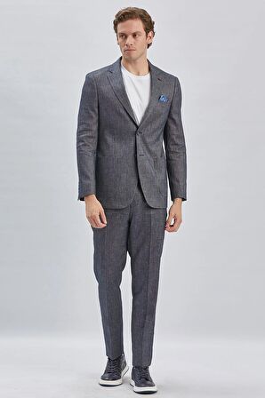 Koyu Lacivert Armürlü Mono Yaka Keten Karışımlı 6 Drop Slim Fit Dar Kesim Casual Takım Elbise 1001240169