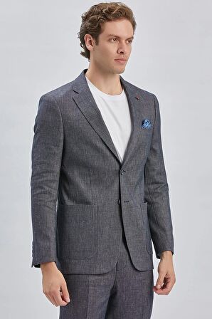 Koyu Lacivert Armürlü Mono Yaka Keten Karışımlı 6 Drop Slim Fit Dar Kesim Casual Takım Elbise 1001240169