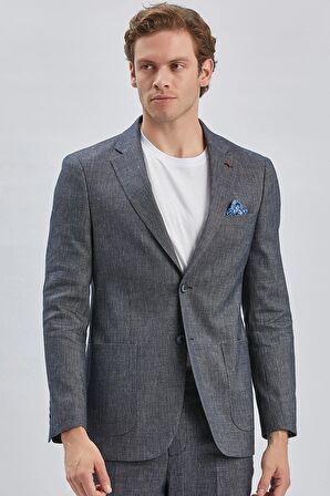 Koyu Lacivert Armürlü Mono Yaka Keten Karışımlı 6 Drop Slim Fit Dar Kesim Casual Takım Elbise 1001240169