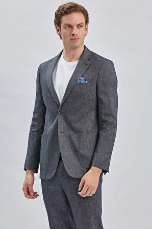 Koyu Lacivert Armürlü Mono Yaka Keten Karışımlı 6 Drop Slim Fit Dar Kesim Casual Takım Elbise 1001240169