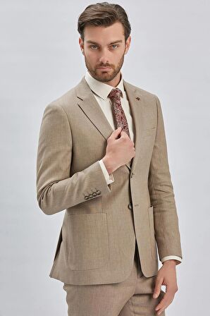 Bej Armürlü Mono Yaka Keten Karışımlı 6 Drop Slim Fit Dar Kesim Casual Takım Elbise 1001240169