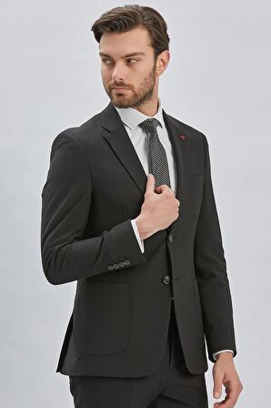Siyah Çizgili Mono Yaka Astarlı Likralı 6 Drop Slim Fit Dar Kesim Casual Takım Elbise 1001240171