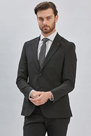 Siyah Çizgili Mono Yaka Astarlı Likralı 6 Drop Slim Fit Dar Kesim Casual Takım Elbise 1001240171