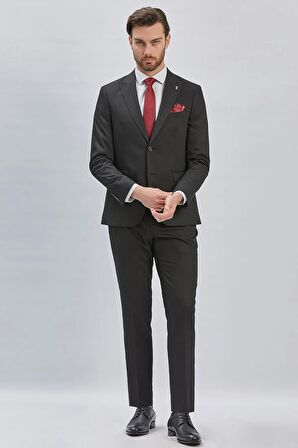 Siyah Düz Desen Kılıç Yaka 6 Drop Slim Fit Yelekli Takım Elbise 1001240173