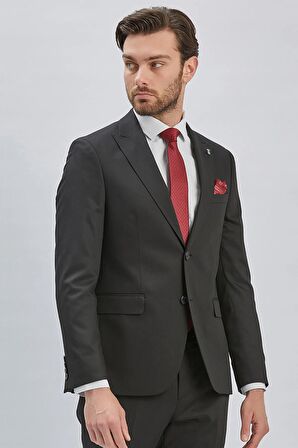 Siyah Düz Desen Kılıç Yaka 6 Drop Slim Fit Yelekli Takım Elbise 1001240173
