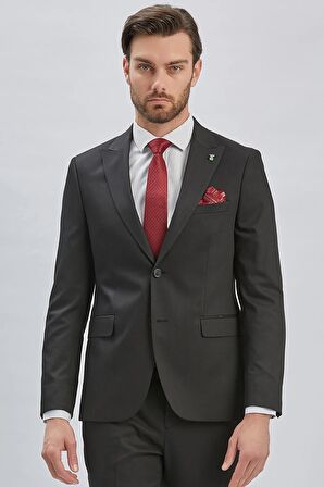 Siyah Düz Desen Kılıç Yaka 6 Drop Slim Fit Yelekli Takım Elbise 1001240173