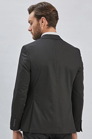Siyah Düz Desen Kılıç Yaka 6 Drop Slim Fit Yelekli Takım Elbise 1001240173