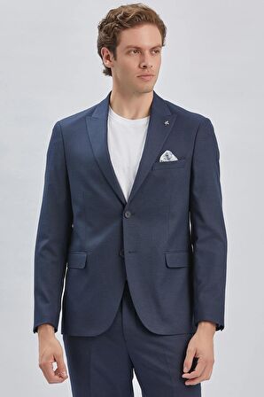 Koyu Lacivert Armürlü Kırlangıç Yaka Astarlı 6 Drop Slim Fit Dar Kesim Takım Elbise 1001240176